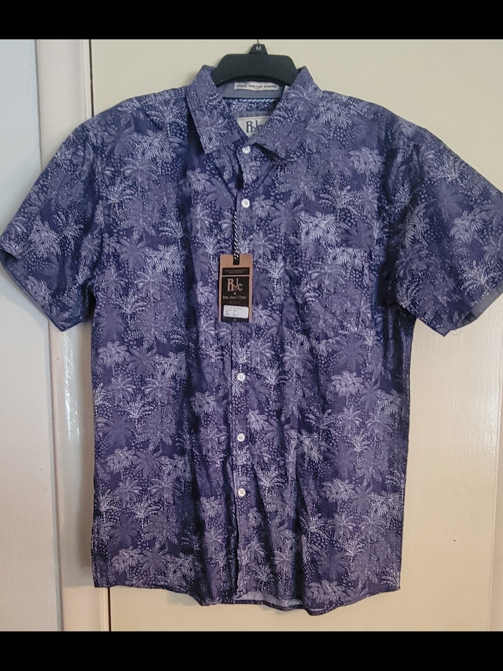 Men’s Short Sleeve Palm-Print Button-Down Shirt in Navy